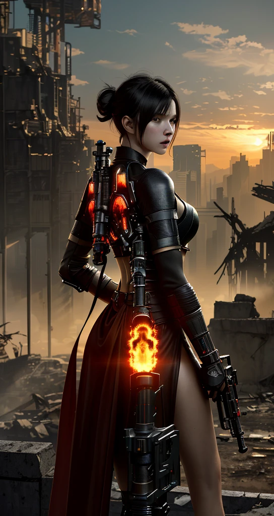 This is a CG Unity 8k wallpaper with ultra-detailed, high-resolution and top quality in cyberpunk style, dominated by black and red. In the picture, a white messy woman with short hair, a delicate face, wearing a steam mech, standing on the ruins, behind a ruin, a woman holding a heavy sniper rifle.