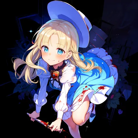 (1girl, solo), blonde hair, side ponytail, (blue eyes:1.5), long hair, (small breast:1.2), (hair ribbon, juliet sleeves, long sleeves, puffy sleeves, white dress:1.5, frills, top hat, black top hat, hat, hat flower,) looking at viewer, shaded face, smile, ...