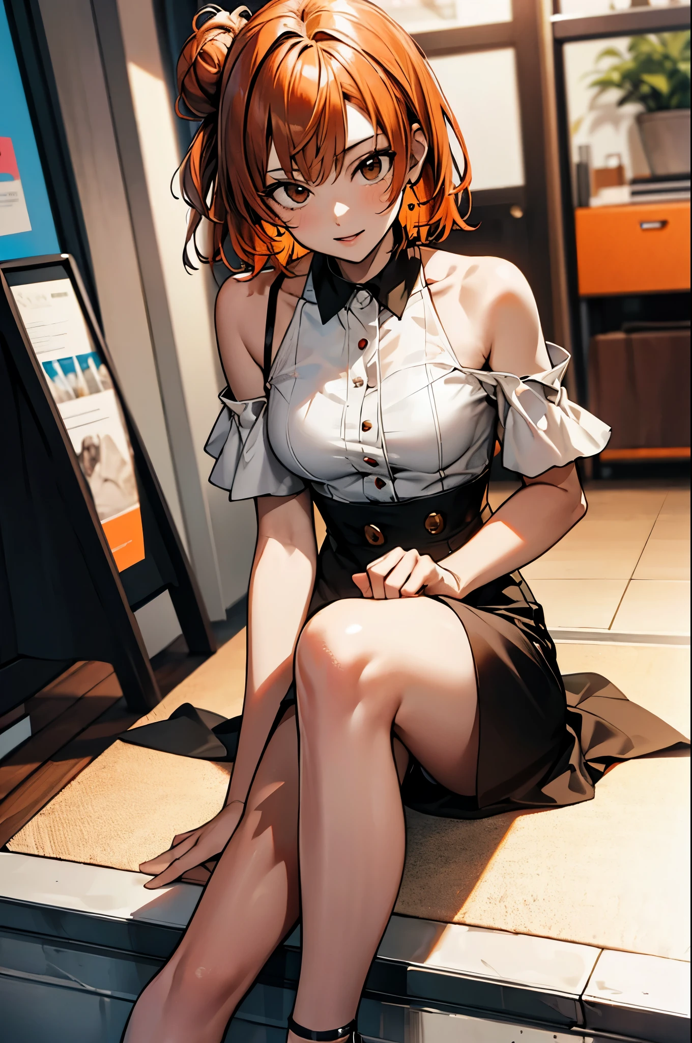 (masterpiece), best quality, expressive eyes, perfect face, highres, 1 girl, solo, yuigahama yui, short hair, (brown eyes:1.5), (orange hair:1.2), hair bun, single hair bun, blouse, black blouse, sleeveless, white bra, skirt, white skirt, ankle strap heels, (black heels), shopping mall background, smiling, sitting on floor, portrait, looking at the viewer, from frontal