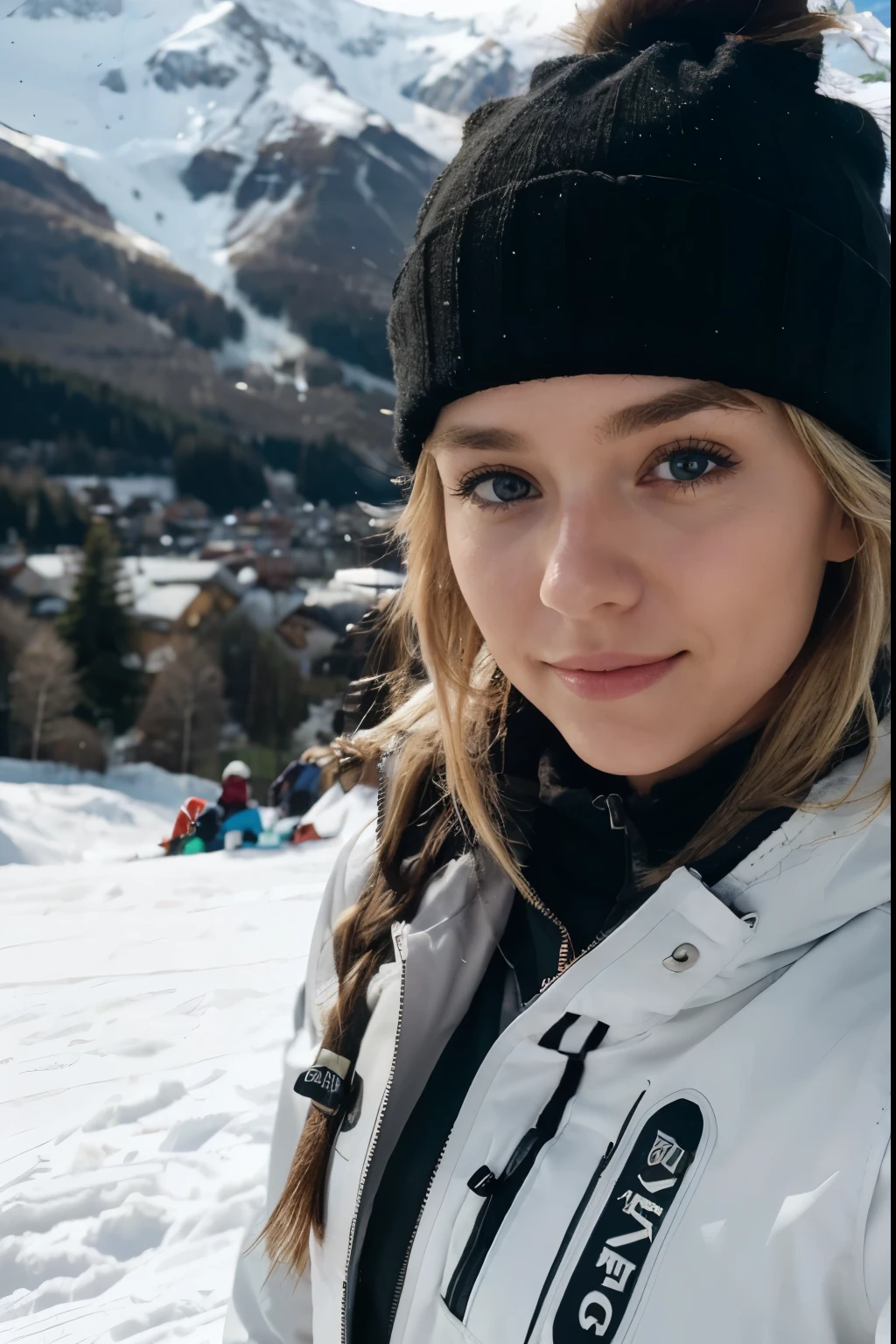 post for instagram, iPhone camera quality, details skin, Blonde hair girl skiing in the mountains in a ski outfit, cute face,  she has a cute face, 20 age old, she looks to the right