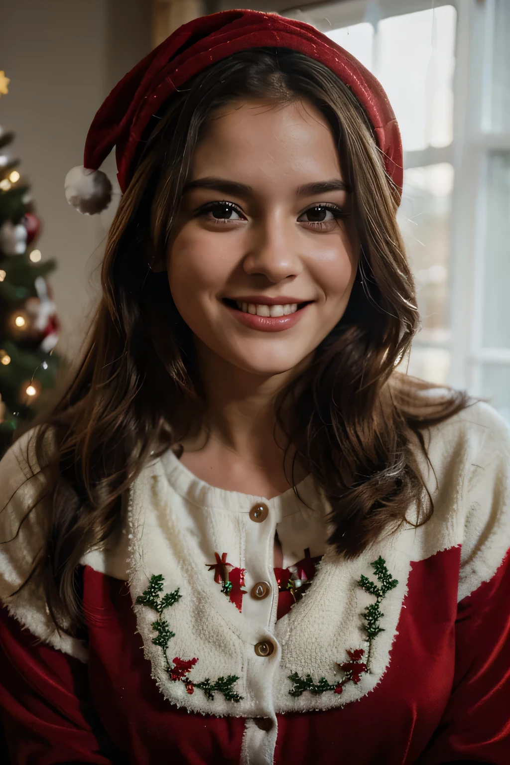 Arafed young girl in a red and white sweater and santa hat - SeaArt AI