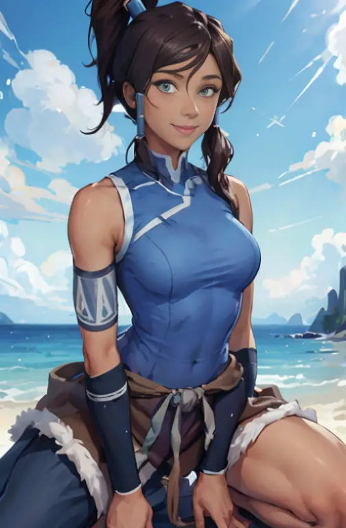 (masterpiece, best quality:1.2), solo, 1girl, korra, dark skin, dark-skinned female, smile, looking at viewer, kneeling, ponytai...