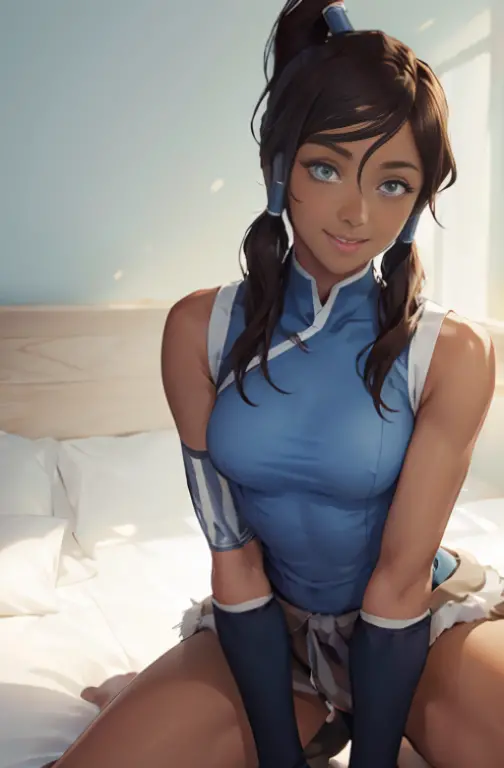 (masterpiece, best quality:1.2), solo, 1girl, korra, dark skin, dark-skinned female, smile, looking at viewer, kneeling, ponytai...