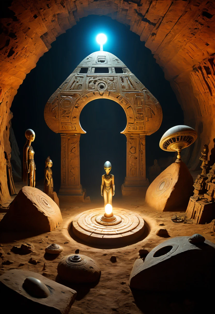 Fantasy underground cave, Alien civilization ruins, mysterious tomb, metal sarcophagus, treasures, glowing coins, terracotta warriors, cultural relic, antiquarian, Alien Glyph Totem, future-tech, Weird magical power, unknown cosmic energy
