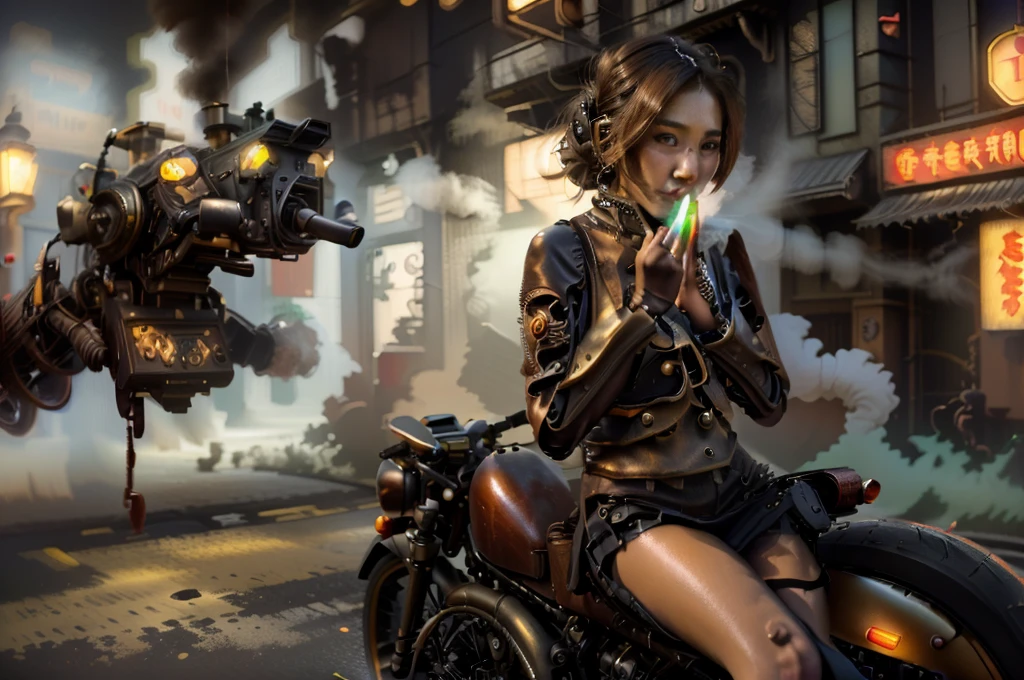 highly detailed RAW color Photo of
cute woman sitting on a motorcycle in a city at night, Taiwanese girl with tattoos, Yakuza Slim Girl, Vietnamese girl, Candid street photography, Anime Thai Girl, 8 
0s neon Asian movie still, cute Prostitutes, sitting on a cyberpunk motorcycle , on a street at night, steam, smoke, Steampunk style clothing, Steampunk style furniture, 
Steampunk style technology, Steampunk style city, Steampunk style vehicles, Steampunk style robots and androids,
4k, masterpiece, high res, high quality, best quality, uhd, realism, Ultra realistic, 16k, photo-realistic, spray tan, detailmaster2, steampunk style, 
HZ Steampunk