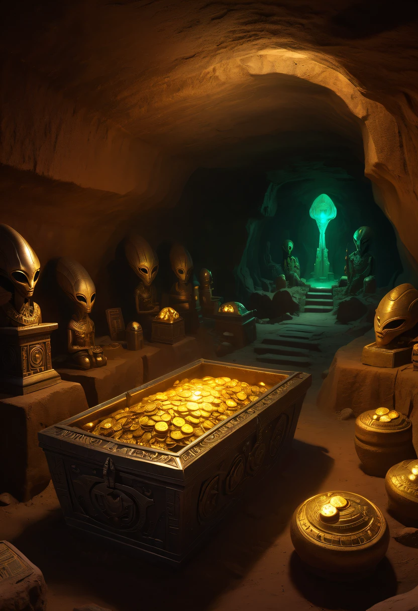 Fantasy underground cave,Alien civilization ruins,grave,Metal coffin,treasures,Glowing gold coins,terracotta warriors,cultural relic,curio,alien text totem