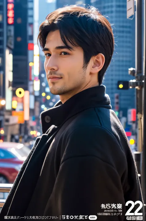 Photorealsitic, 8K full body poster, a handsome, a 25-year-old man, A charming expression, detailed face details, TOKYOcty, Winters, Shibuya in the background