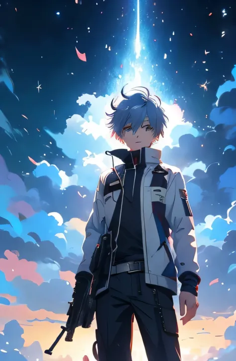 anime boy with gun and cigarette in hand against cloudy sky, Image inspired by Yumihiko Amano, trending on pixiv, conceptual art...