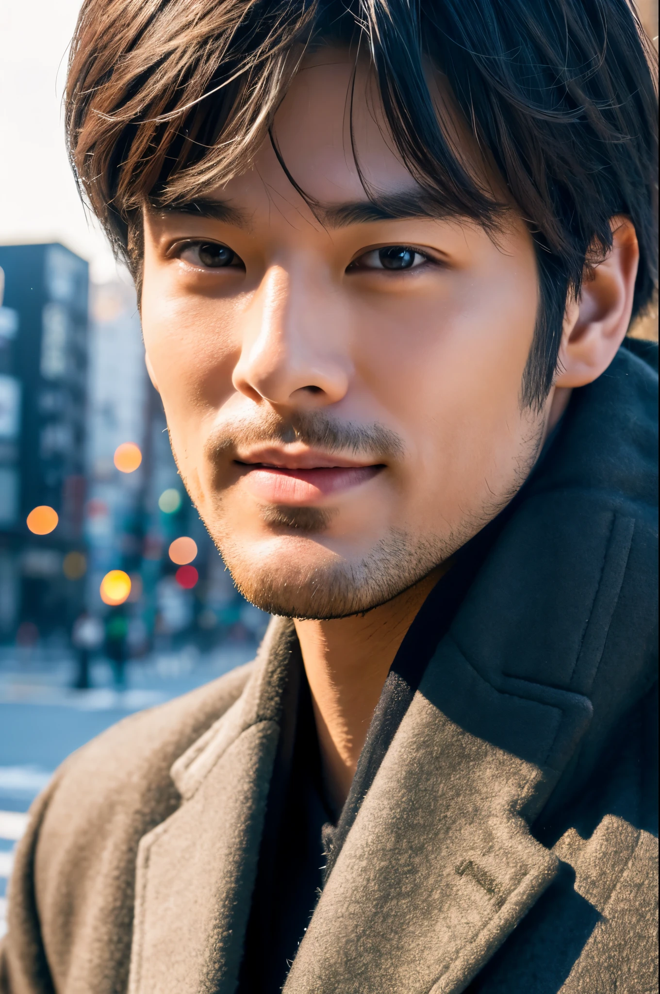 Fotorrealista, Póster de cuerpo completo en 8K, un guapo, japonés, un hombre de 25 años, Una expresión encantadora, detalles detallados de la cara, TOKIOcty, inviernos, Shibuya al fondo