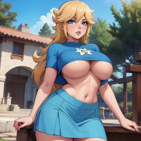 8K, Masterpiece, Best quality, Ultra-detailed, 1 girl, anime, Large breasts, Gaze towards the viewer, blue shirt, Loose half-cut T-shirt,, underboobs, under boobs, blue Micro Mini Skirt, , Movie lighting, Face focus, Fine eyes, Detailed face, Well-lit face...