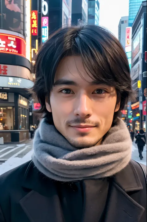 Photorealsitic, 8K full body poster, a handsome, japanes, a 25-year-old man, A charming expression, detailed face details, TOKYOcty, Winters, Shibuya in the background