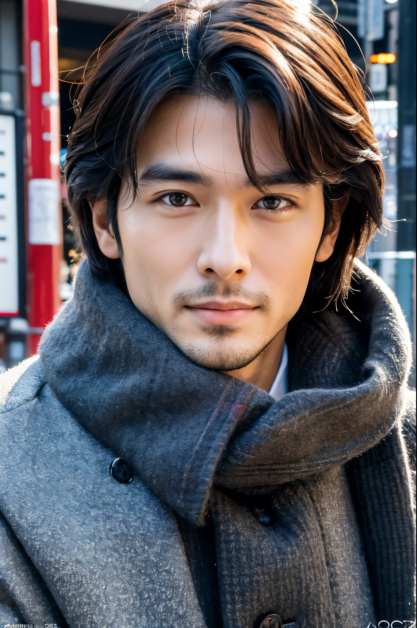 Fotorrealista, Póster de cuerpo completo en 8K, un guapo, japonés, un hombre de 25 años, Una expresión encantadora, detalles detallados de la cara, TOKIOcty, inviernos, Shibuya al fondo