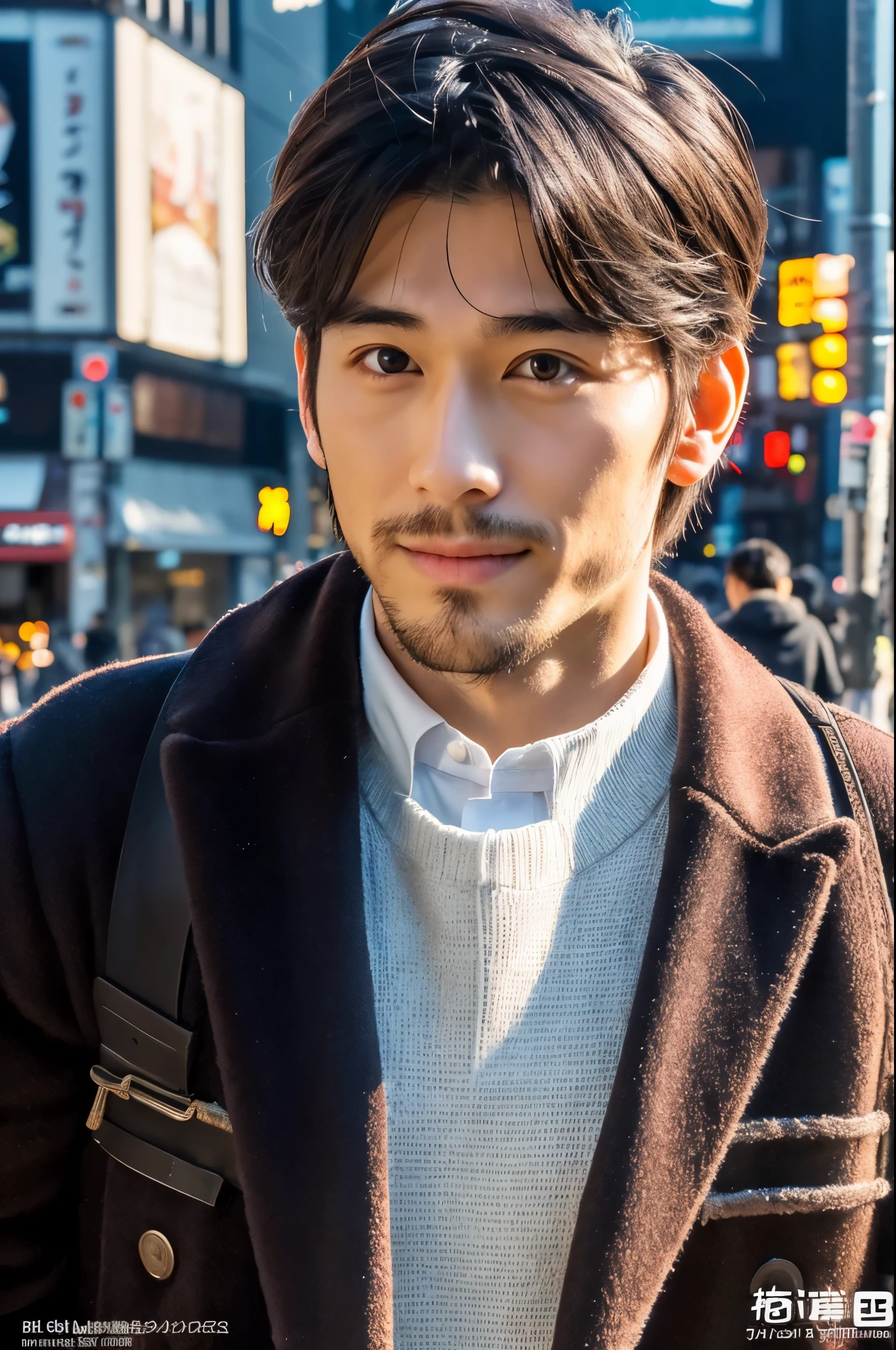 Fotorrealista, Póster de cuerpo completo en 8K, un guapo, japonés, un hombre de 25 años, Una expresión encantadora, detalles detallados de la cara, TOKIOcty, inviernos, Shibuya al fondo