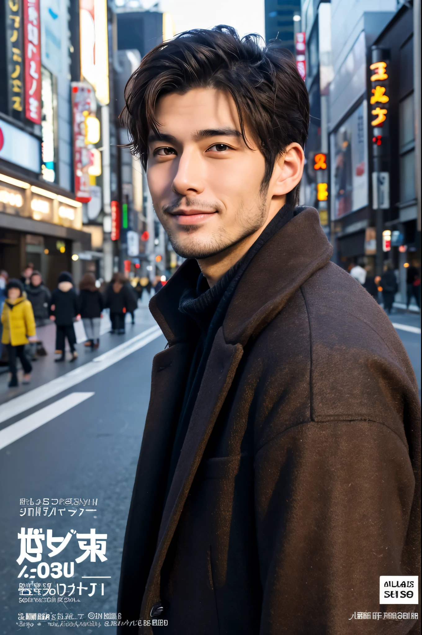 Photorealsitic, 8K Ganzkörperposter, ein hübscher, japanisch, Ein Mann mit zwei, Ein charmanter Ausdruck, Detaillierte Gesichtsdetails, TOKIOcty, Winters, Shibuya im Hintergrund