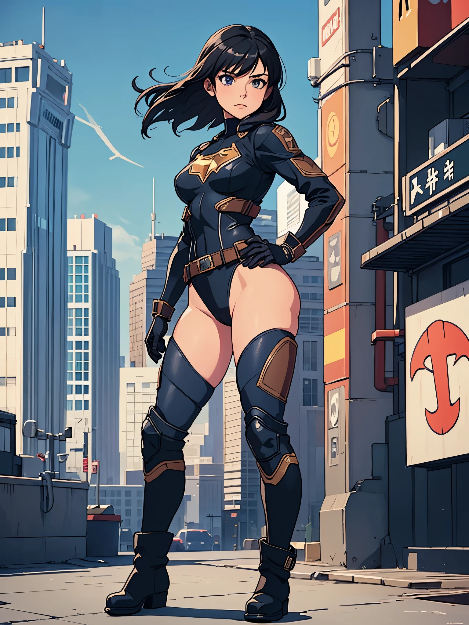 1girl, medium breasts, leotard, bare legs, tight belt, boots, matching boots, gloves, city backdrop, solo, single, hands on hip, standing, full body shot, cowboy shot, superhero, beautiful detailed eyes, mature lady, star symbol on chest, black hair