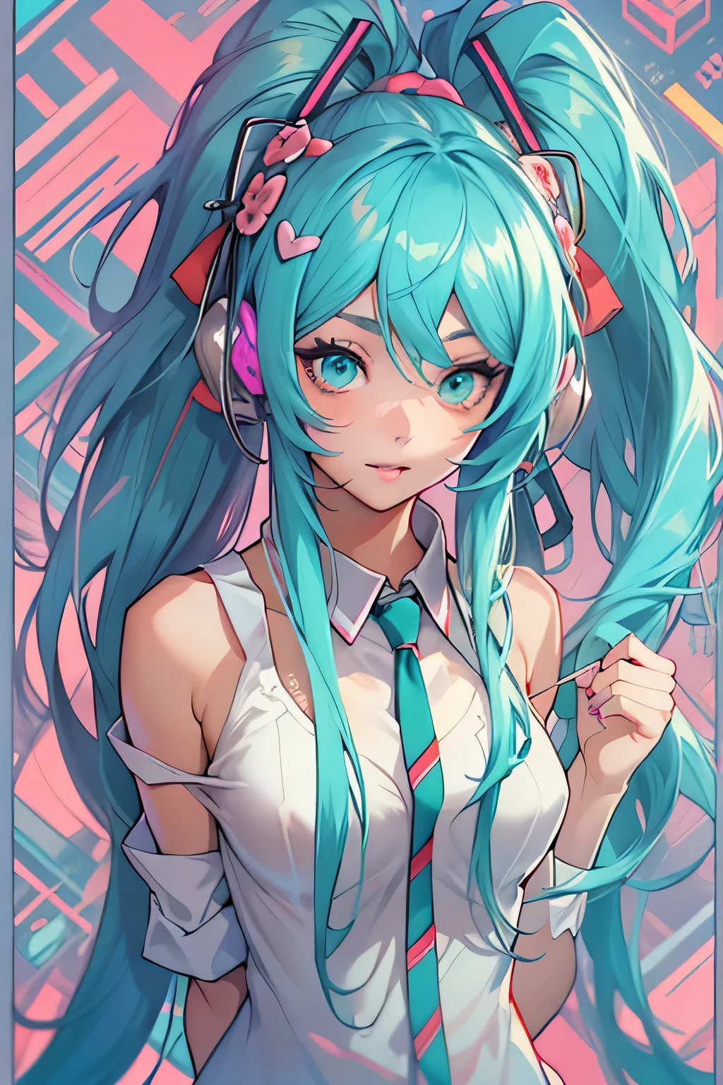 Anime girl with blue hair and headphones posing for a picture - SeaArt AI