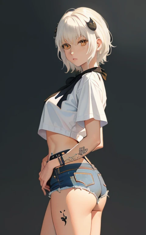 masterpiece, short shorts, masterpiece, best quality, highres, dark persona, watercolor painting theme, (looking at the viewer: 1.1), wide hips, big ass, standing, bent, tojou koneko, yellow eyes, white hair, short hair, hair ornament, white shirt, black ribbon on the neck, tattoo on the abdomen, lust tattoo,