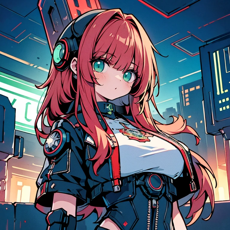 (best quality,Altas,ultra-detalhado) Uma linda garota com seios pequenos, vestindo uma jaqueta resistente, cabelos longos, (mechanical arms:1.1) in a Cyberpunk city night scene. The scene is (Cyberpunk:1.1), com um esquema de cores vermelho e verde.