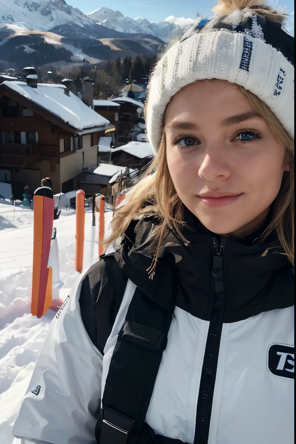 post for instagram, iPhone camera quality, details skin, Blonde hair girl skiing in the mountains in a ski outfit, cute face,  she has a cute face, 20 age old, she looks to the right