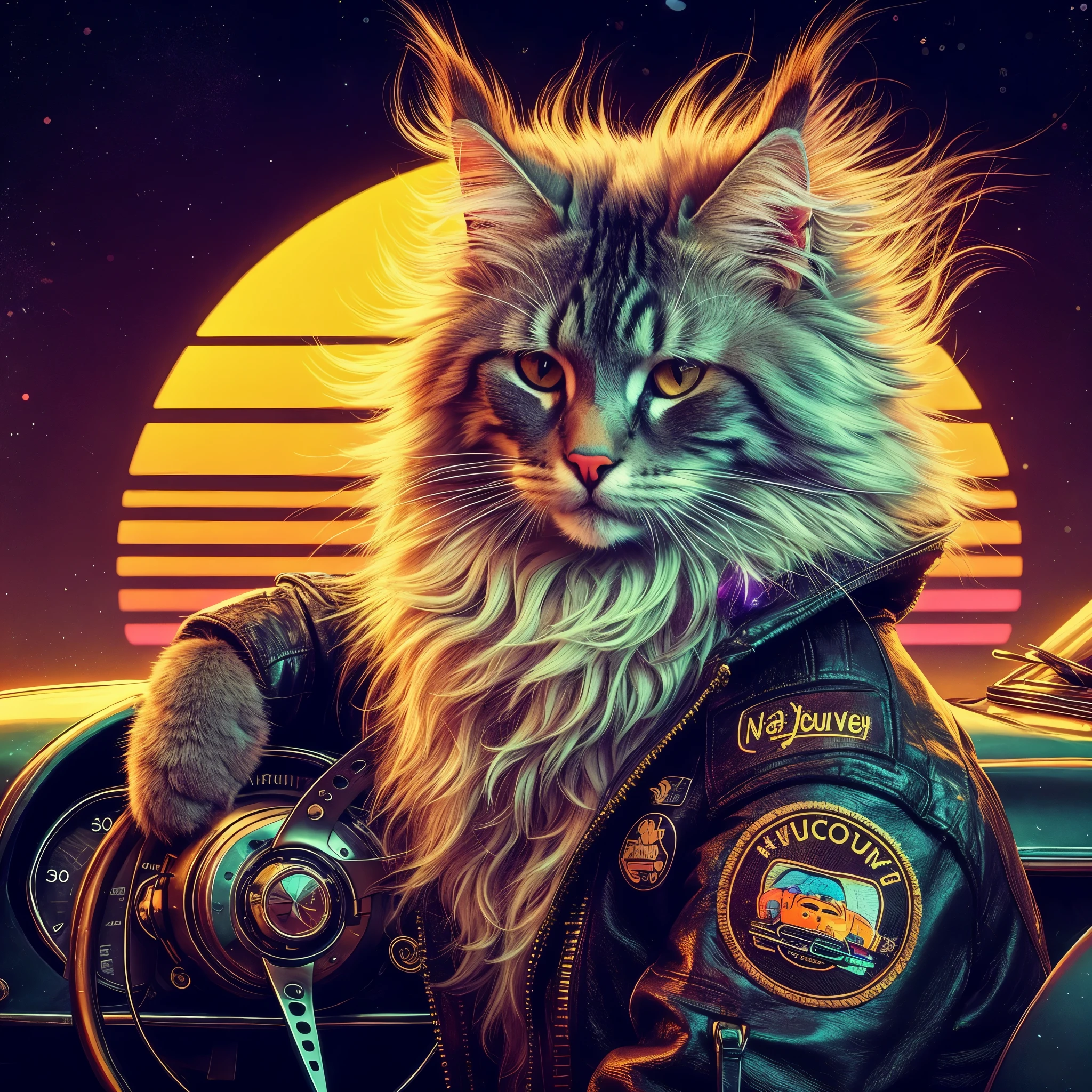 Close-up of a cat wearing a leather jacket and a motorcycle helmet, cyberpunk cat, Synthwave art, jen bartel, epic Retrouve art, Synthwave art style ]!!, Synthwave art style, masterpiece epic Retrouve art, Style 8 0's Tomáš Alain Kopera, Retrouve art, furry digital art, cat furry, awesome cat