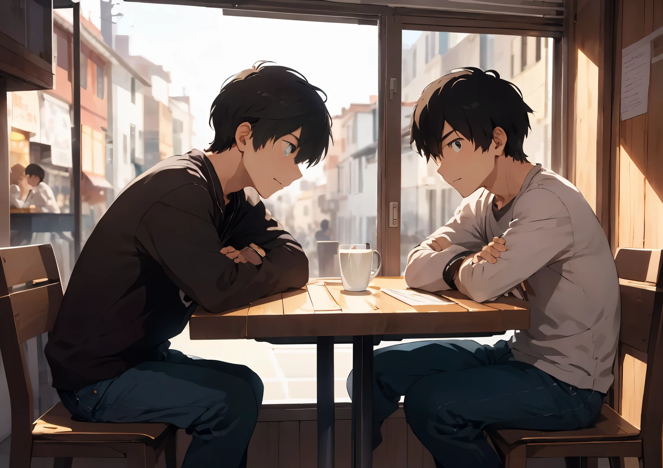 Two young men sitting at a table in a cafe - SeaArt AI