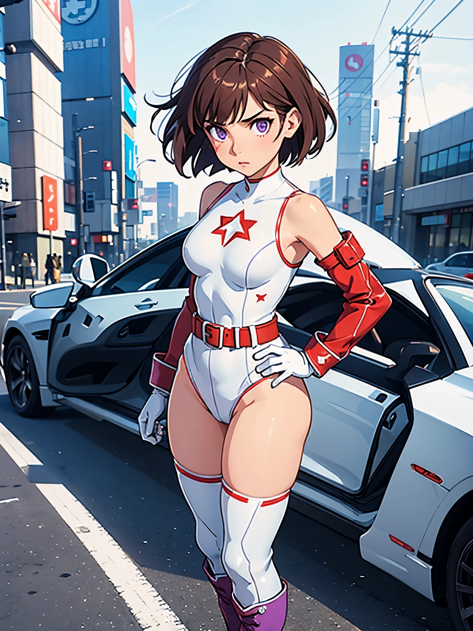 1girl, medium breasts, leotard, white and red leotard, bare legs, tight belt, boots, matching boots, knee boots, white boots, gloves, white gloves, city backdrop, tokyo city backdrop, solo, single, hands on hip, standing, full body shot, cowboy shot, superhero, beautiful detailed eyes, mature lady, star symbol on chest, brown hair, short hair, Bob hair, purple eyes, sleeveless, perfect anatomy, masterpiece, high quality