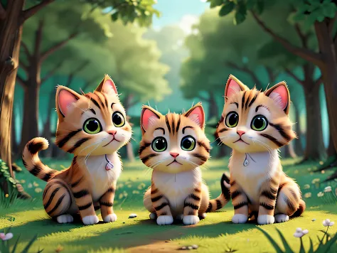 adorable illustration of kittens playing in the forest
