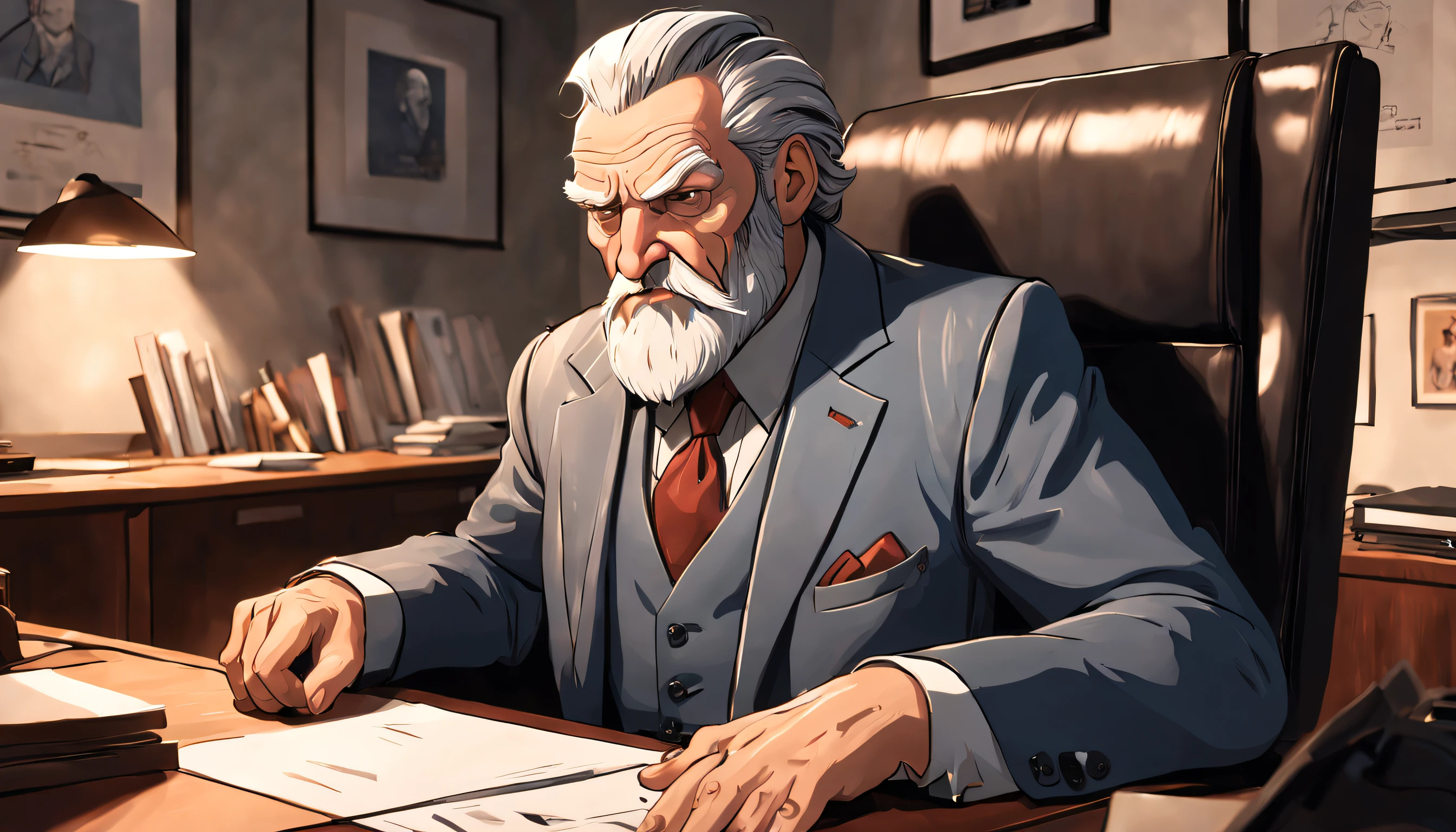 A master called ((((Azok)))) ,old, strong, bearded, grey suit, detailed face, gray hair and beard, intense gaze, commanding presence, wise expression, wrinkled skin, textured aging, confident posture, firm stance ((cartoon)) is sitting in a expensive office