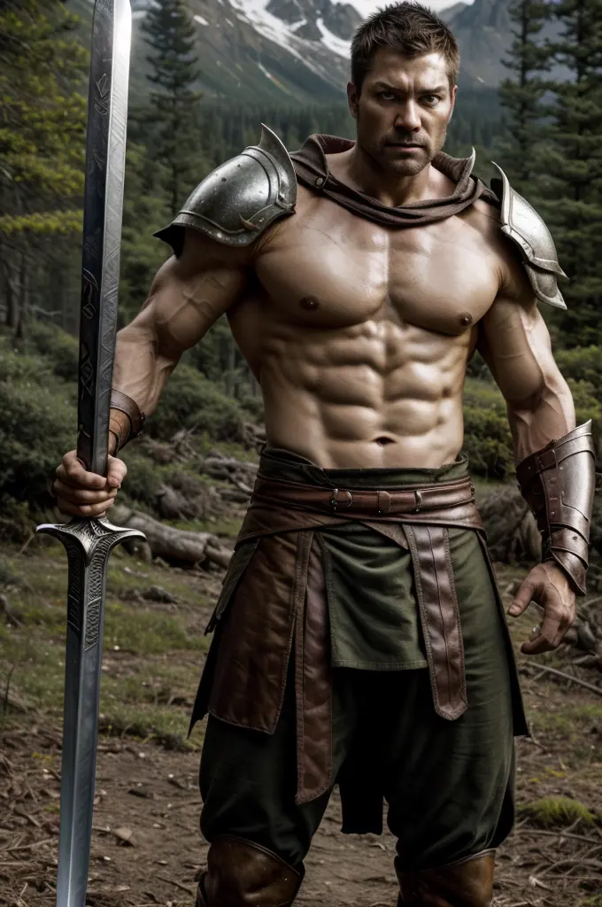 Spartacus, yellow eyes, angry, standing , strong, with sword, shield, forest, mountain