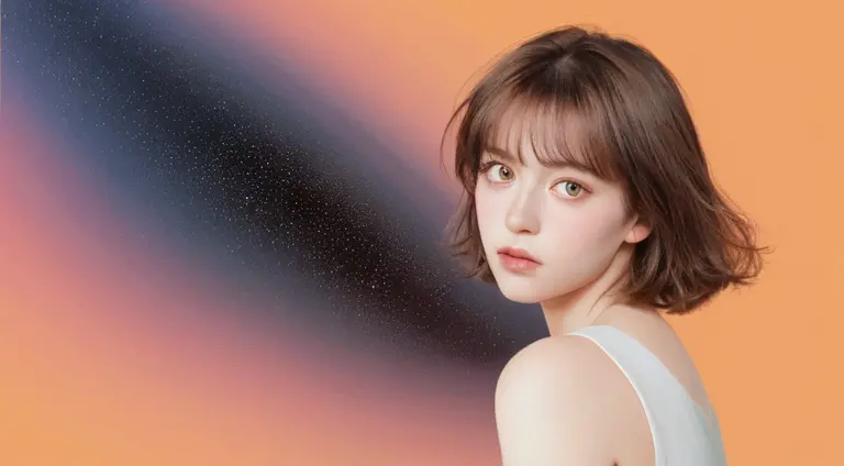 girl, Brown hair, Orange eyes, arms folded, In the middle of the universe, pastelcolor, coloured background, universe background...