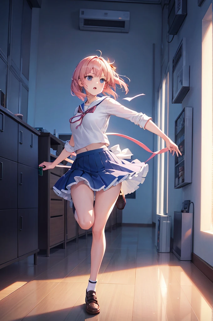 Generate dynamic vector image depicting an high school girl character with full body action pose, short pink hair, white shirt, blue skirt, red lace, reflecting the vibrancy and individuality of today’s teenage culture. high quality, 8K Ultra HD, night city in background, The beautiful girl Who Leapt Through a dangerous city, Feels like Mamoru Hosoda, Time leap when the beautiful girl runs and jumps Detailed illustration, A digital illustration of anime style, digital anime paintings of her, soft anime tones, Feels like Japanese anime, fantasy art, Three-dimensional expression, luminism, Albert Anker, Feeling like Kyoto Animation, Greg Rutkowski, Artgerm, WLOP, Alphonse Beeple, pixiv, luminism, 3d render, octane render, Isometric, by yukisakura, awesome full color