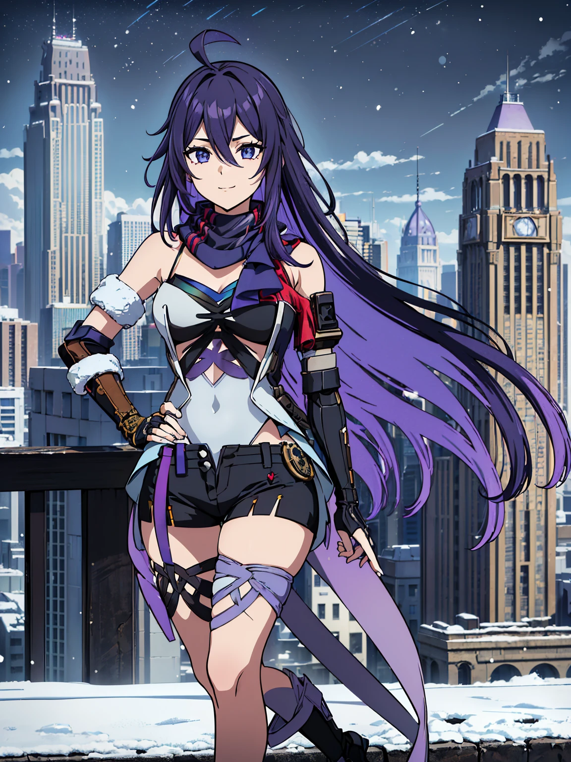 (((masterpiece))), 1girl, solo, ((seele hsr, purple_hair, long_hair, purple_eyes)), ahoge, jeloseele, ((purple_scarf, highleg_leotard, detached_sleeves, black_gloves, black_short_shorts)), medium breasts, best quality, high quality, highres, ((beautiful detailed eyes)), (very detailed face), outdoors, confident, cool_smile, ((full_body, portrait)), thick thighs, (walking), hand_on_hip, winter, ((steampunk_themed_city_background)), snowing, day_time, clouds