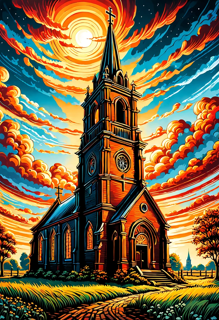 une peinture de l&#39;église de Ruigoord avec une tour et un fond de ciel, inspired par Dan Mumford, Dan Mumford et Alex Grey style, dans le style de l&#39;œuvre d&#39;art de Dan Mumford, dans le style artistique de Dan Mumford, et de la peinture Mumford, El Bosco et Dan Mumford, Anton Fadeev et Mumford, peinture de Dan Mumford, par Dan Mumford, juste une blague