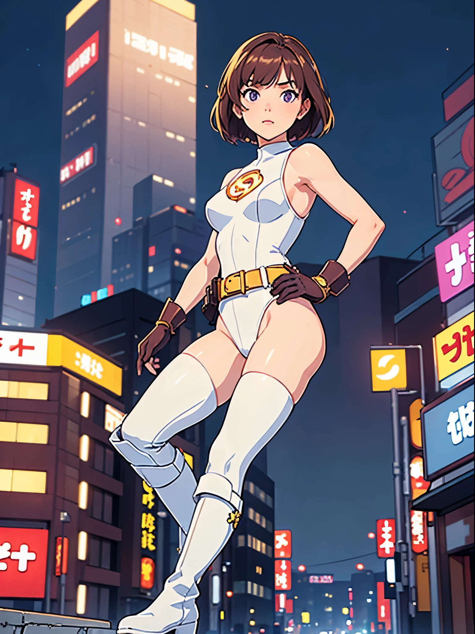 1 chica, pechos medianos, leotard, Leotardo blanco y rojo, piernas desnudas, cinturón apretado, cinturón de oro, botas, matching botas, ankle botas, white botas, guantes, Guante blanco, telón de fondo de la ciudad, tokyo telón de fondo de la ciudad, solo, soltero, manos en la cadera, de pie, tiro de cuerpo completo, tiro de vaquero, superhero, hermosos ojos detallados, mujer madura, símbolo de estrella dorada en el pecho, Pelo castaño, cabello corto, pelo bob, ojos morados, Sin mangas, anatomía perfecta, obra maestra