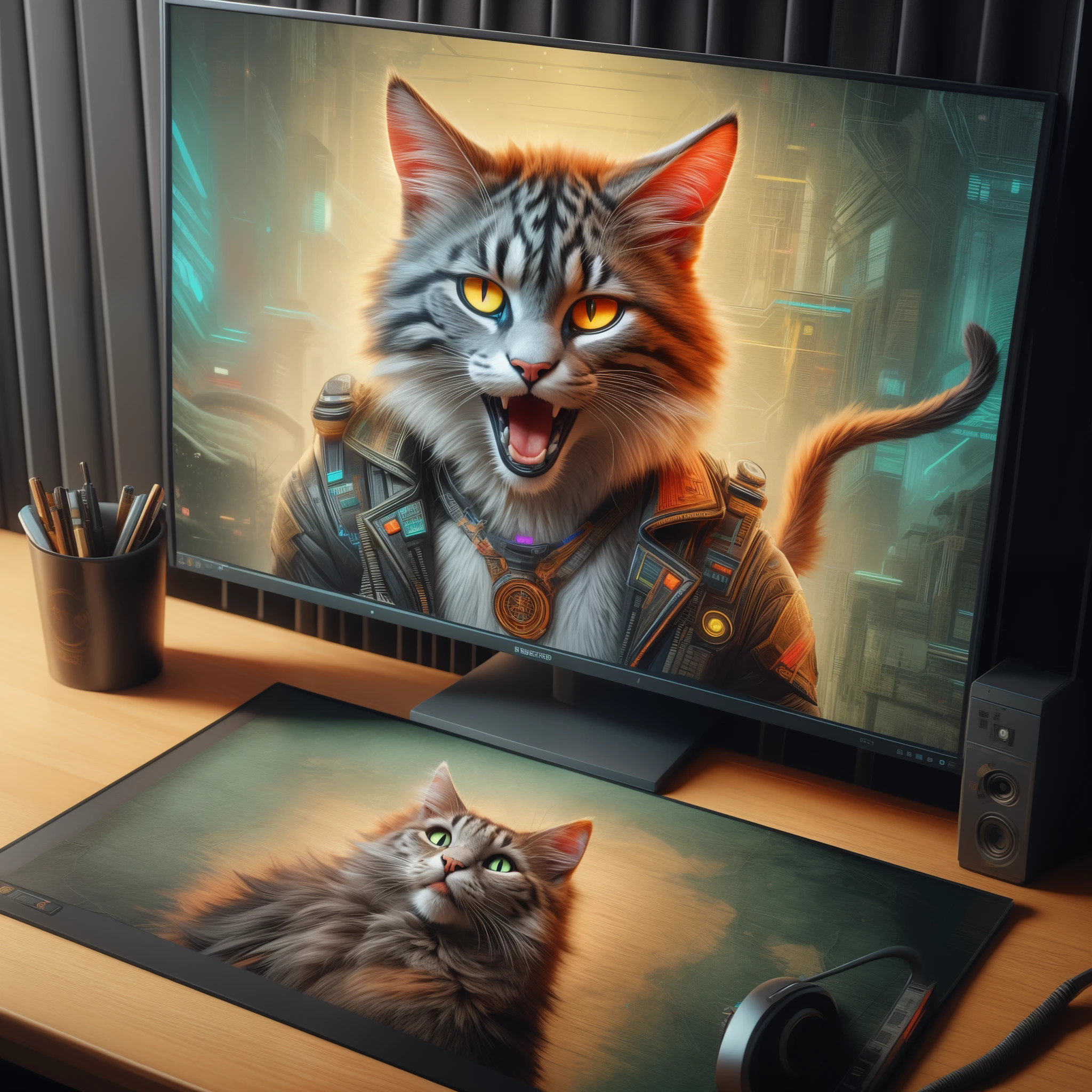 Have a cat, who sits on the computer screen, Detailed 4k graphics, 4K highly detailed art, cyberpunk cat, Highly detailed 4K graphics, highly detailed 4k digital art, 4k detailed digital art, 8K with highly detailed graphics, Highly detailed digital graphics, 8k high quality detailed art, Epic full-color illustration, Extremely high quality works of art