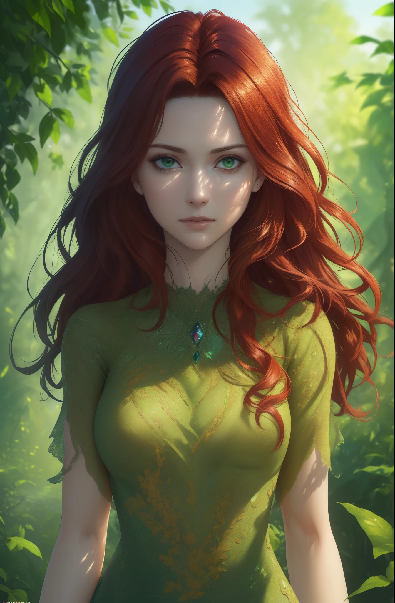 ((Quality: masterpiece, best quality, UHD, anatomically correct, photo realism, textured and detailed skin, skin pores, skin imperfections, textured and detailed hair, volumetric lighting)), inspired by nature, depicting a woman with emerald green eyes, flowing auburn hair, and a connection to the elements.