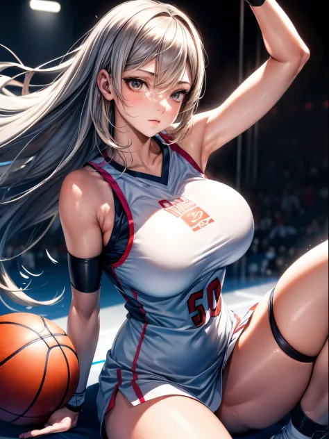 (Best Quality, masutepiece),ultra detailed photographic,1girl in, Female basketball players ,Large breasts,nice legs,At the bask...