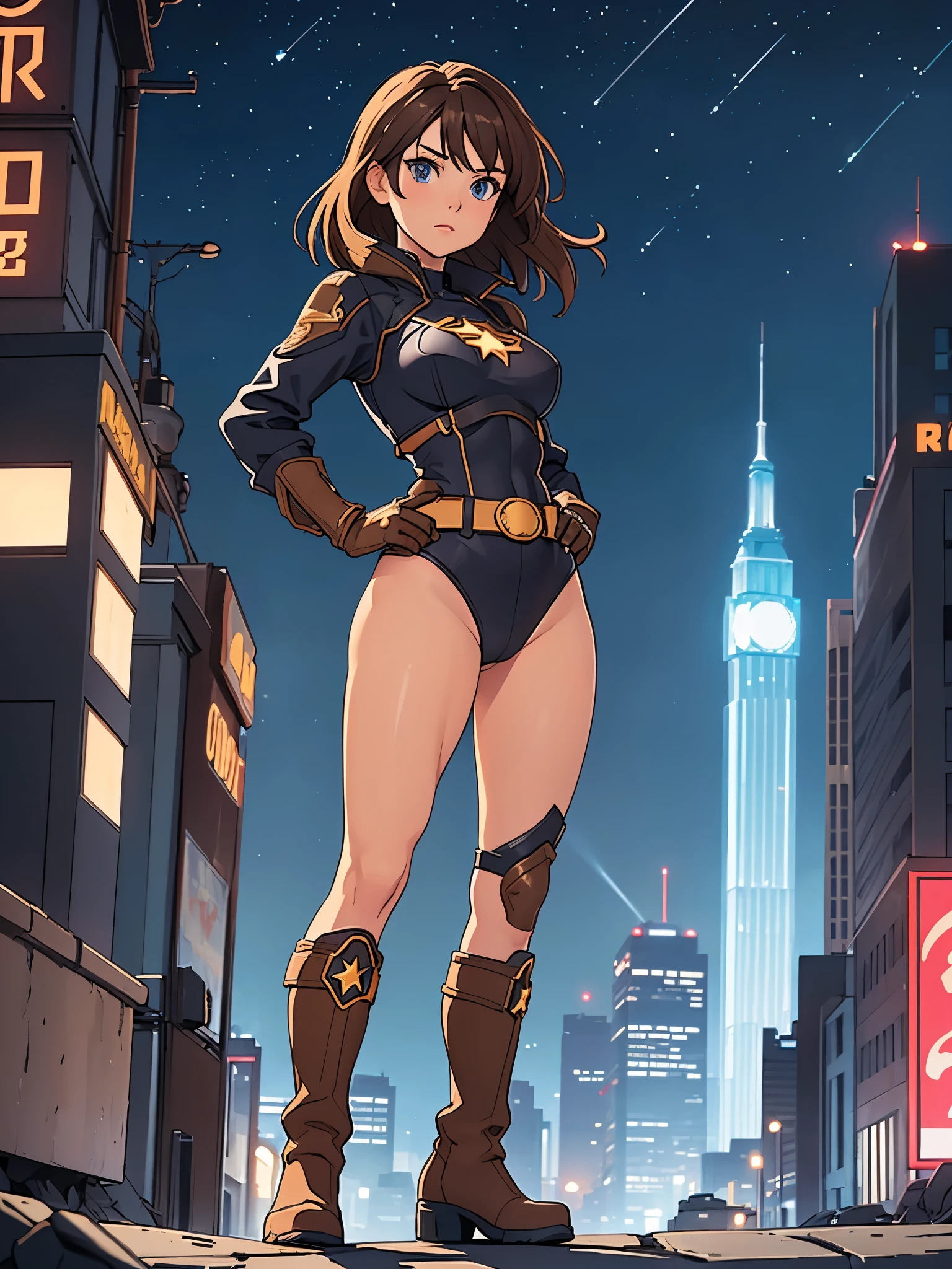 1girl, medium breasts, leotard, bare legs, tight belt, boots, matching boots, gloves, city backdrop, solo, single, hands on hip, standing, full body shot, cowboy shot, superhero, beautiful detailed eyes, mature lady, star symbol on chest, perfect anatomy, brown hair