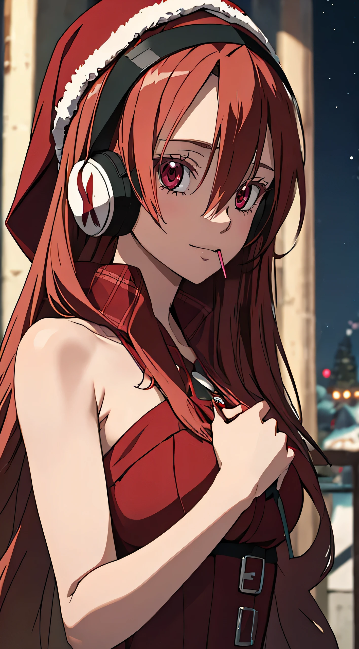 Chelsea de akame ga kill, cinta, La mejor calidad, alta calidad, Mirando al espectador, 1 mujer, Manos perfectas, 23 years old woman, ojos rojos, Obra maestra, Vestido de Navidad (santa claus) con capucha que cubre la cabeza, Cabello largo , solo, piruleta con un palillo blanco en la boca, auriculares con una exis en el medio, fondo de una ciudad de noche