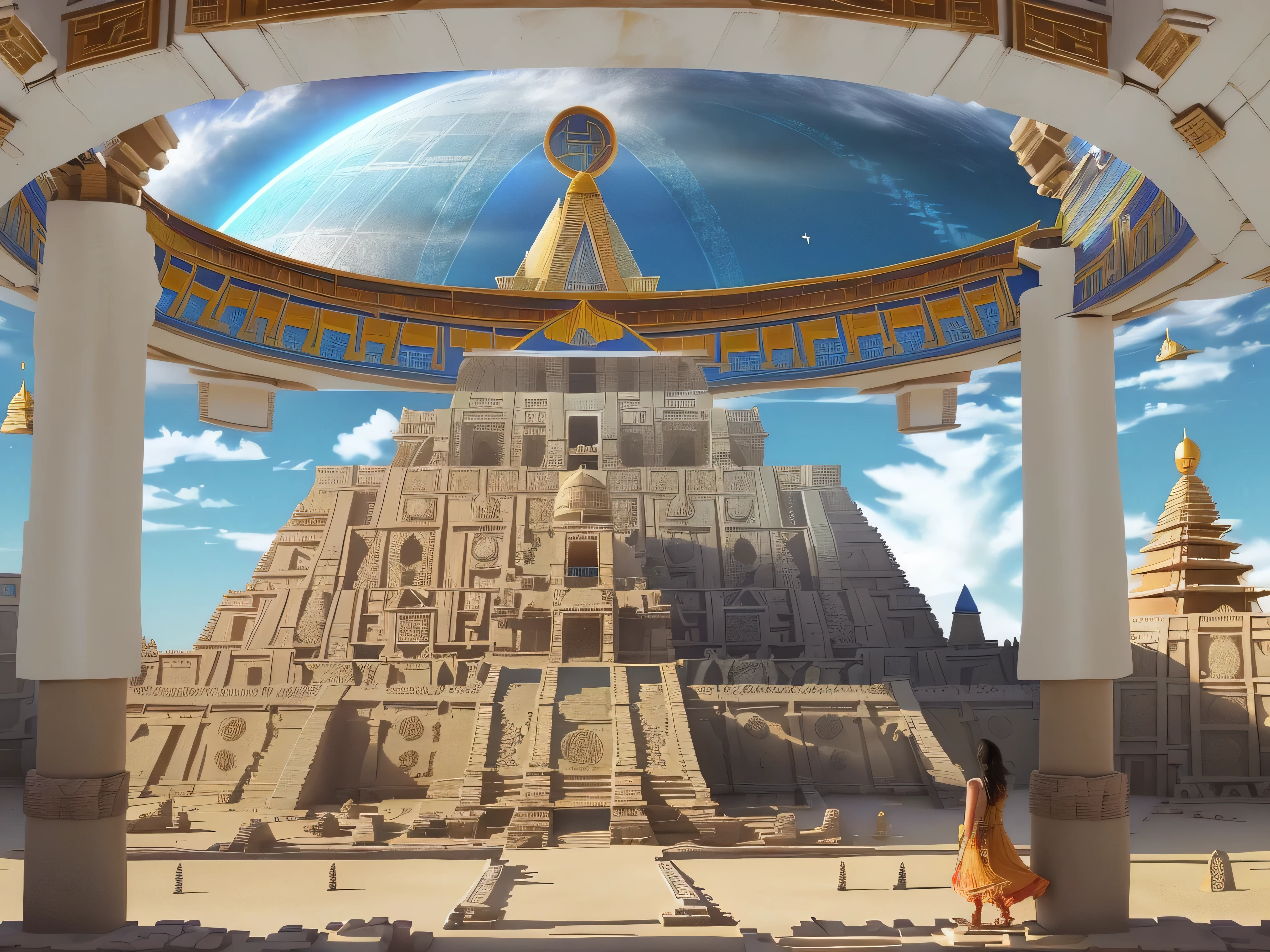 there is a woman standing in front of a pyramid with a pyramid in the background, ancient megastructure pyramid, pyramid portal, giant aztec spaceship, giant aztec space city, interplanetary cathedral, exterior of scifi temple, dmt temple, galactic temple, dome of wonders, in a futuristic desert palace, futuristic persian palace, cosmic architecture, ancient yet futuristic
