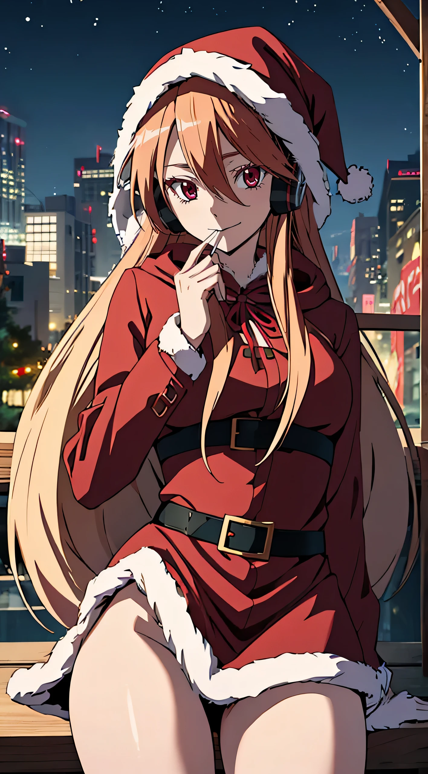 Anime girl in santa outfit sitting on a bench with a city in the background  - SeaArt AI