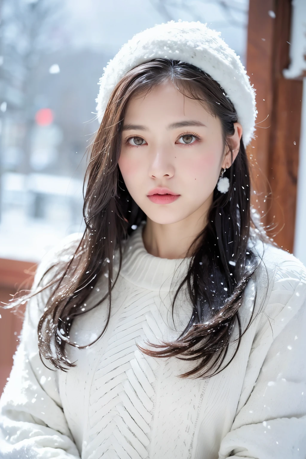 (8К、высшее качество、шедевр、超Высокое разрешение:1.2) (Стиль Пауля Рубенса и Ребекки Гуэй:1.1) (Мрачный зимний снег:1.4) Красивые японские фотографии женщин、розовая одежда、