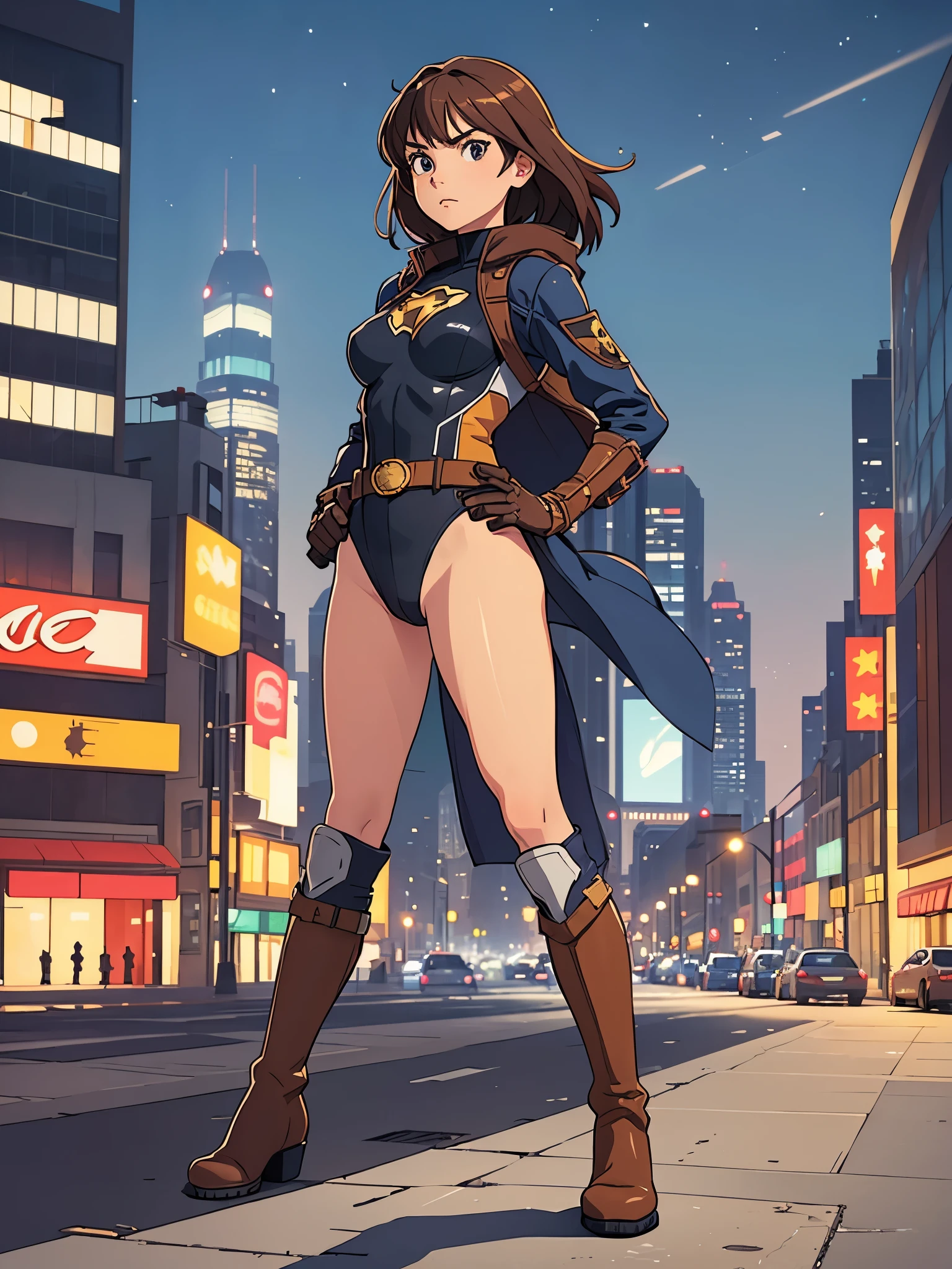 1girl, medium breasts, leotard, bare legs, tight belt, boots, matching boots, gloves, city backdrop, solo, single, hands on hip, standing, full body shot, cowboy shot, superhero, beautiful detailed eyes, mature lady, star symbol on chest, brown hair, high leg leotard