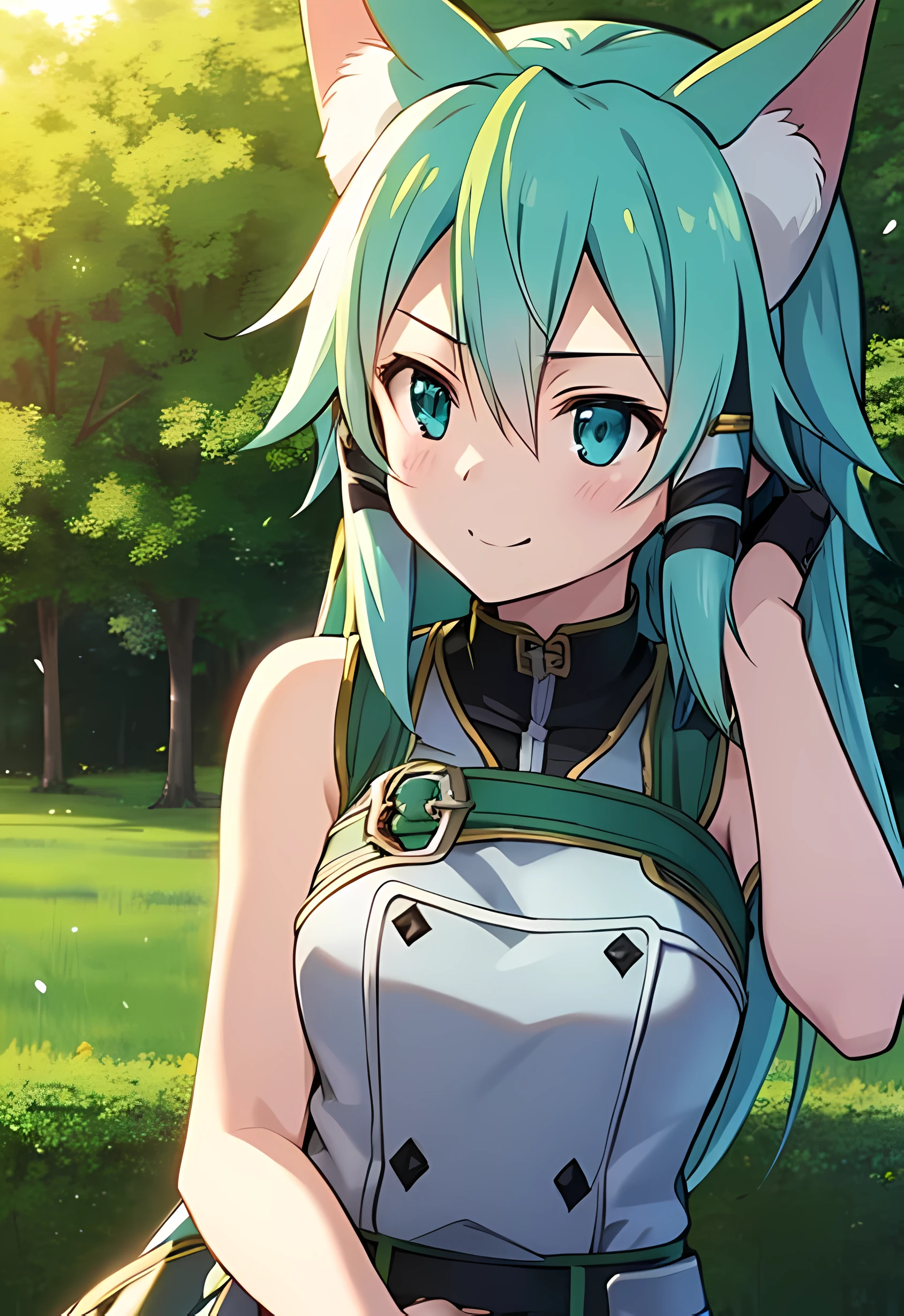 Sinon-ALO, smirk, (seductive, winning, Charming:1.3), Beautiful, (Highly detailed, hiquality:1.3), field, the trees, world of SAO