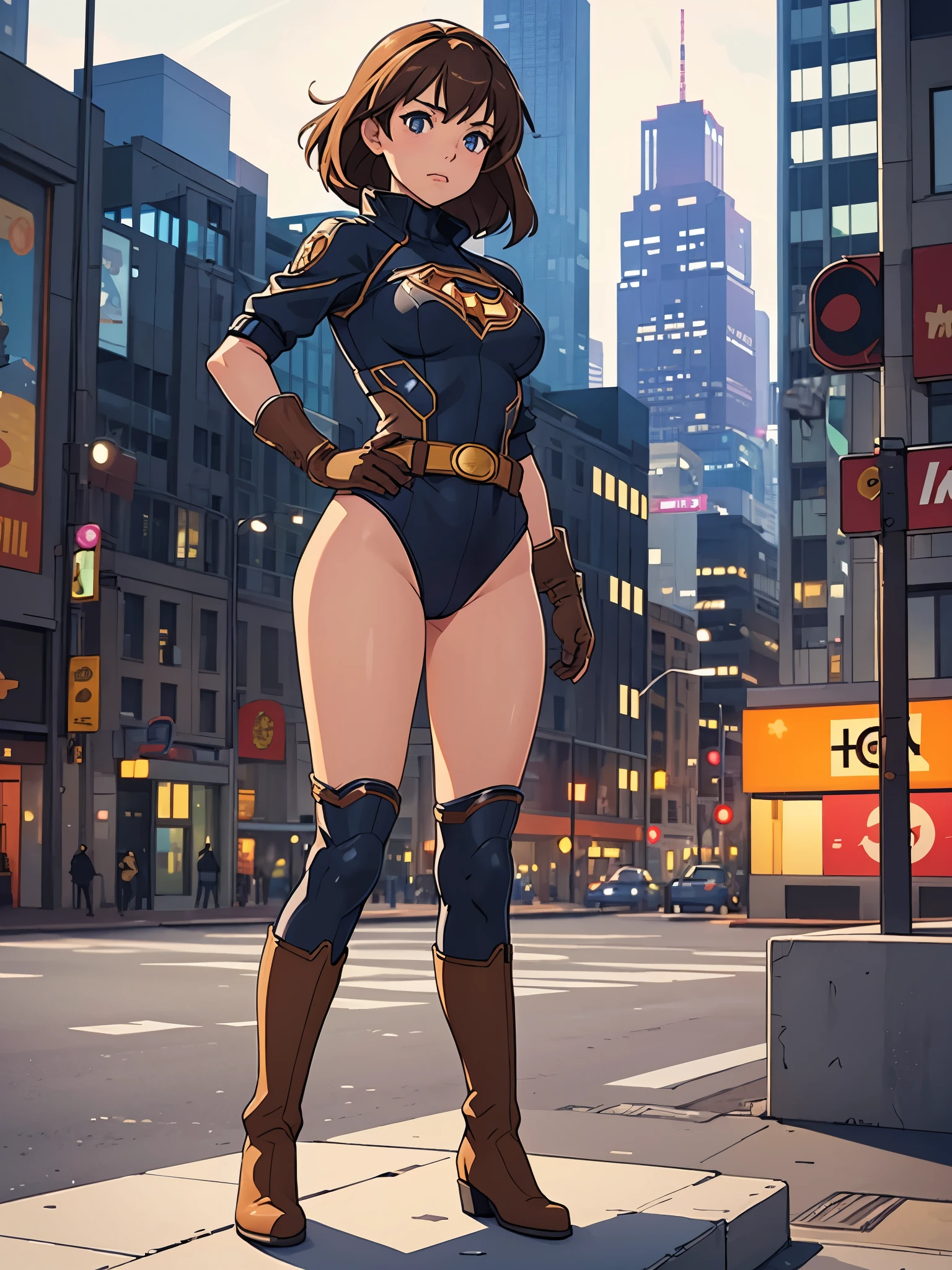 1girl, medium breasts, leotard, bare legs, tight belt, boots, matching boots, gloves, city backdrop, solo, single, hands on hip, standing, full body shot, cowboy shot, superhero, beautiful detailed eyes, mature lady, star symbol on chest, brown hair, high leg leotard