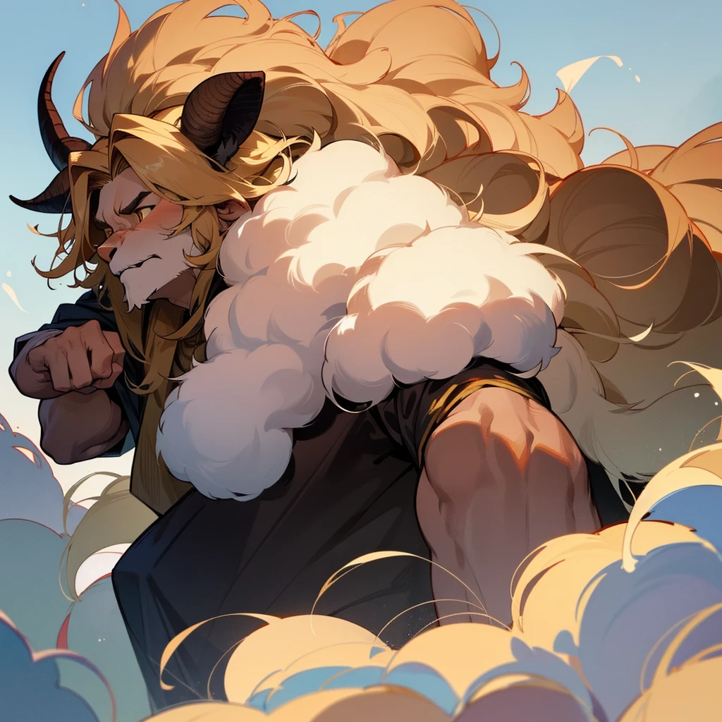 A lion man hybrid that has two curved goat horns upon its head that curve around its ears, its head and face are mostly lion with a large fluffy mane but it’s body is more man-like but still has fluffy fur on it, he has a long fluffy tail that is very expressive