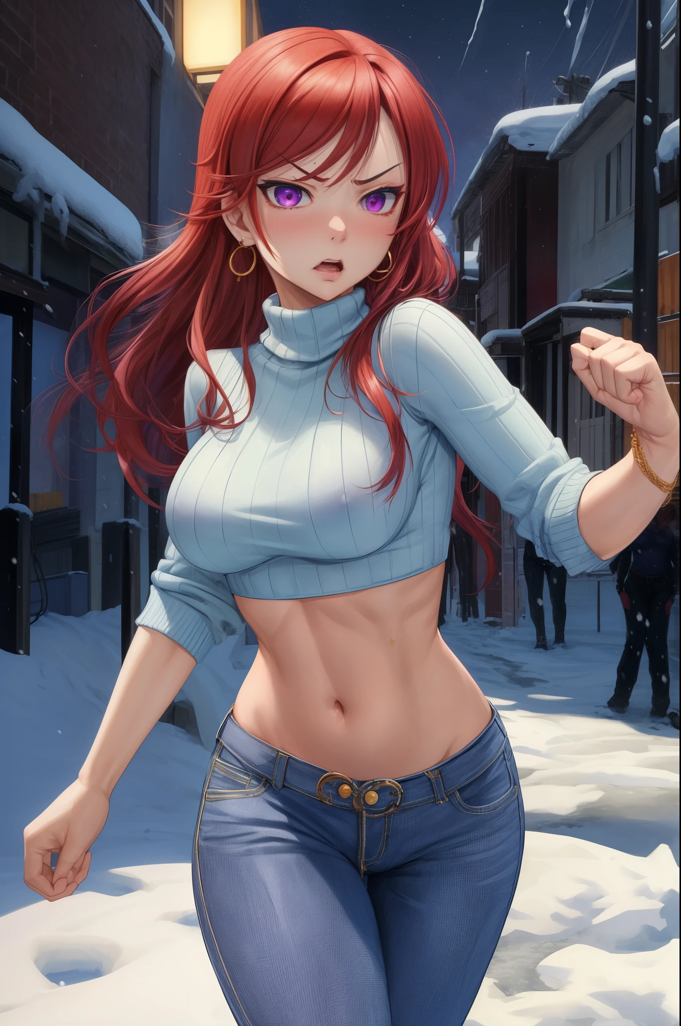 Masterpiece, sksmaki,sexy, hands down,facial details, detailed body part details, embarrassed , angry pose,(sexy stomach), detailed belly, midriff, big breasts,8k wallpaper, looking at viewer, nishikino maki, low waisted pants, tight ,(sweater crop top), earrings,in street,snow, purple glowing eyes, cowboy shot