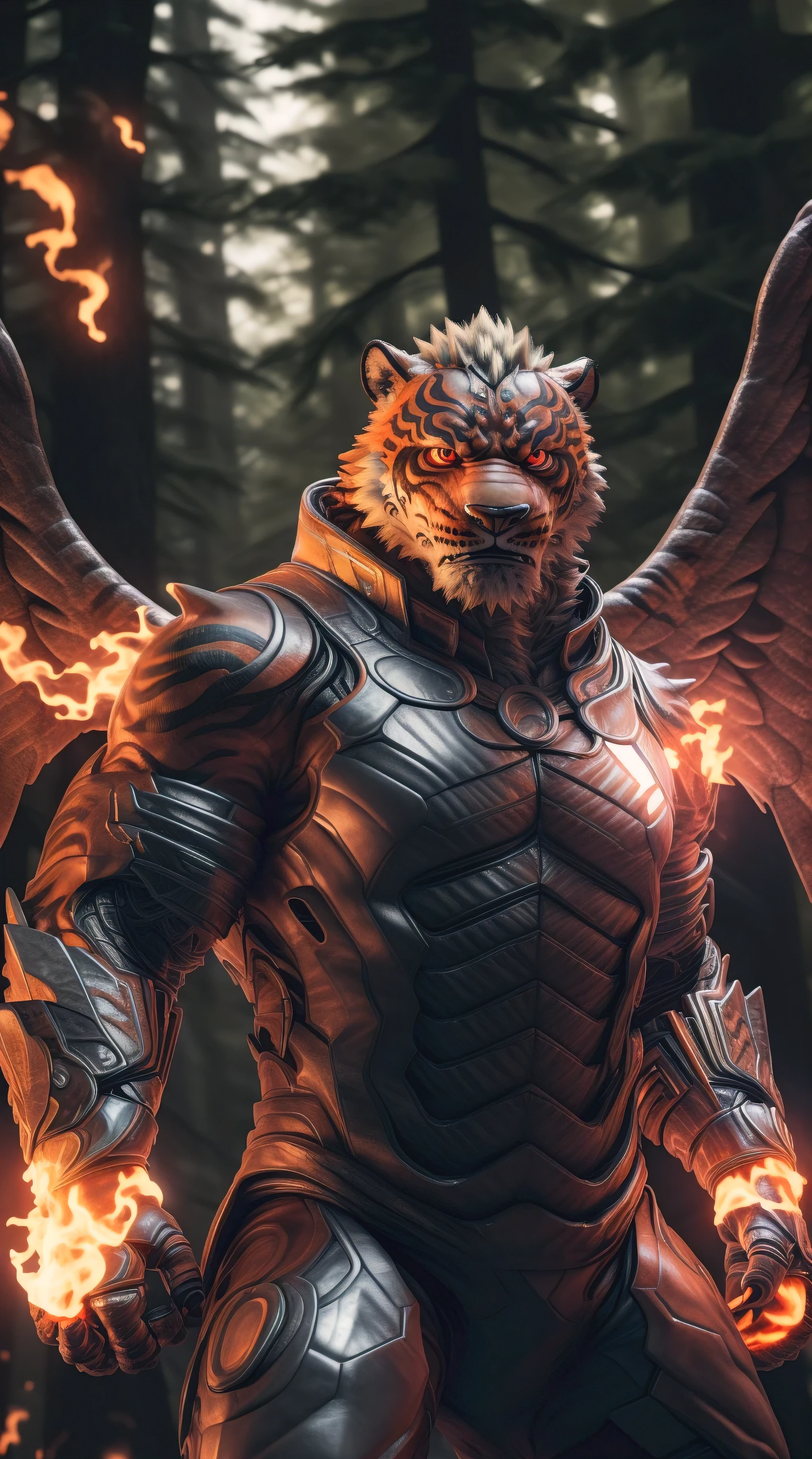 (better quality,16k,32k,Altas,master piece:1.2),ultra-detalhado,(realistic,photorealistic,photo-realistic:1.37),(5o chefe final Lin Hu) serious expression a realistic background of forest of canada on fire bright red eyes wearing Wearing Cyborg Armor super villain pose Golden angel wings expression of serious courageous and confident. Looking at the Viewer