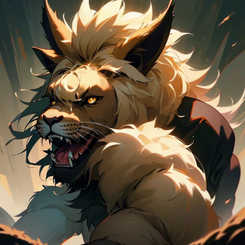 (best quality,4k,8k,highres,masterpiece:1.2),ultra-detailed,(realistic,photorealistic,photo-realistic:1.37),lion monster,goat horns,man-like features,savannah setting, curved ram horns, curved goat horns around ears, goat horns, ram horns, ferocious expression,sharp fangs,beady eyes,bulging muscles,glistening fur,dark and menacing atmosphere,mythical creature, licking his lips seductively, licking chops, licking his lips with a smirk, imposing presence,majestic mane,muscular body,impressive size,fierce growl,dark color palette,ominous lighting,hint of smoke,subtle texture,dramatic shadows,majestic pose, full body covered in fur but muscles are visible, fluffy, fierce male lion, snarl, licking his lips, tail, half lion half human, savannah, savannah background, Savannah setting,  portrait, one character, A lion-man hybrid named Azarel with the softest fur you’d ever touch is being kept by scientists in an enclosure to be tested, they wanted to see how it would react with a human being brought to it, little did they know it was in extreme rut being all alone with no mate… and now it finally has one… It speaks with a deep gravely voice and has two curved goat horns upon its head that curve around its ears, its head and face are mostly lion with a large fluffy mane but it’s body is more man-like.