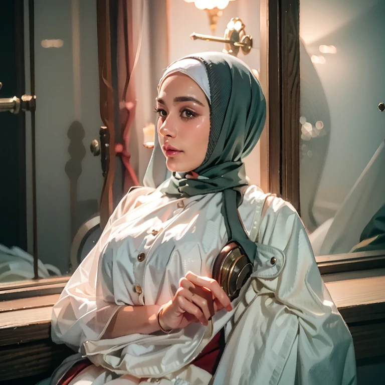 woman wearing a hiyab sitting in a chair in front of a window, hiyab, inspirado en Nazmi Ziya Güran,  hermosa estetica, hermosa dama, inspirado en Shaddy Safadi, inspirado en Maryam Hashemi, 8K)), gris, color gris, dark gris, detallado con alta calidad, hermosa mujer árabe,pecho grande(desnudo)tetona